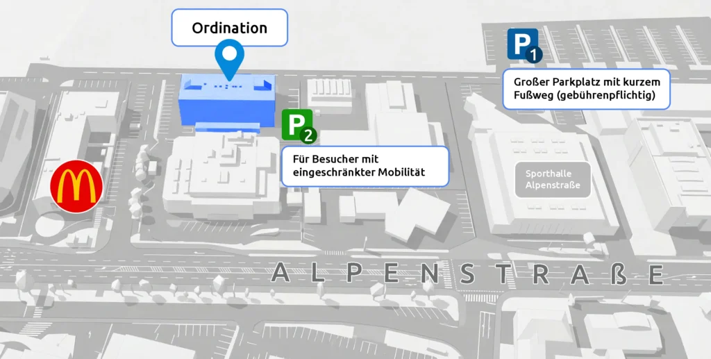 Anfahrtsplan zur Ordination von Dr. Michael Grundbichler in Salzburg mit Parkplatz- und Zugangshinweisen.